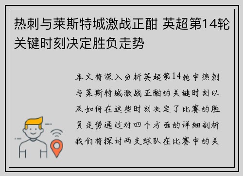 热刺与莱斯特城激战正酣 英超第14轮关键时刻决定胜负走势 热刺与莱斯特城激战正酣 英超第14轮关键时刻决定胜负走势