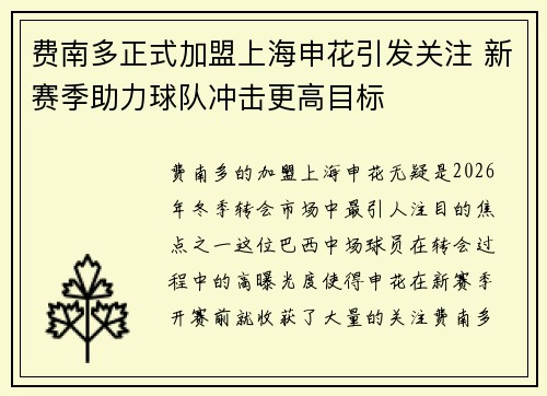 费南多正式加盟上海申花引发关注 新赛季助力球队冲击更高目标